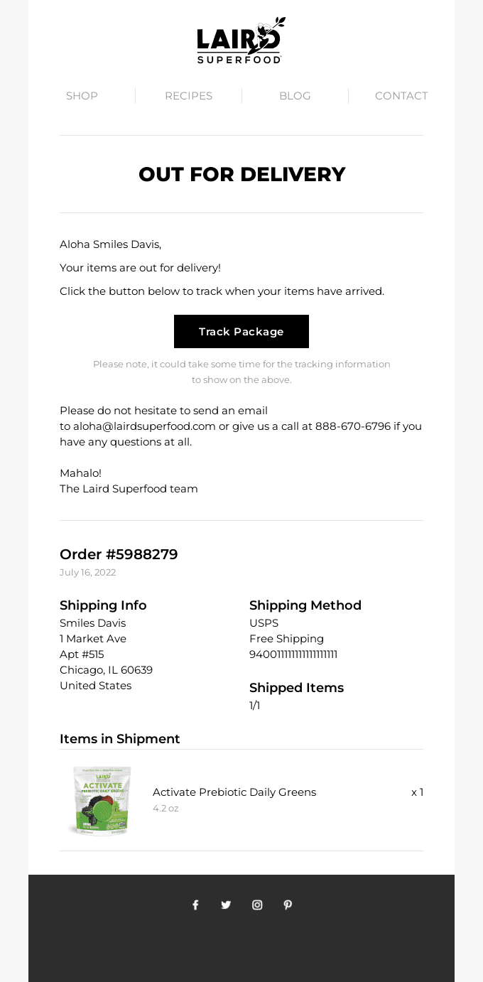 A shipment from order #5988279 is out for delivery!