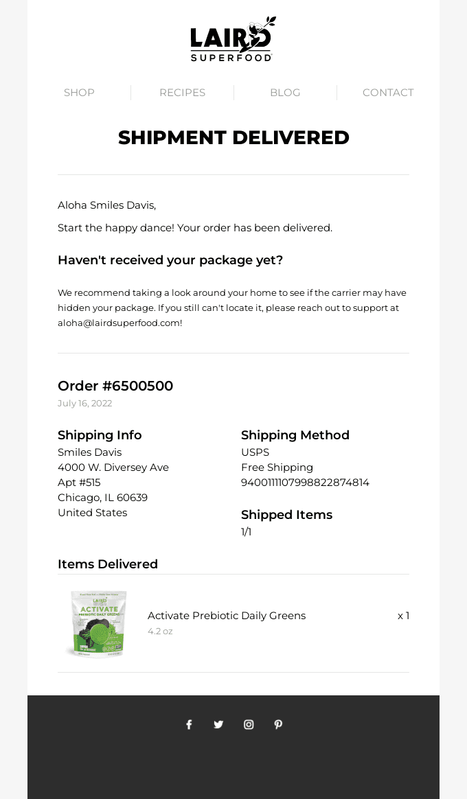 A shipment from order #6500500 has been delivered