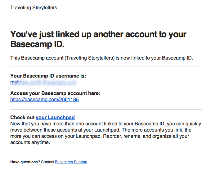 Account Link Transactional Email from Basecamp