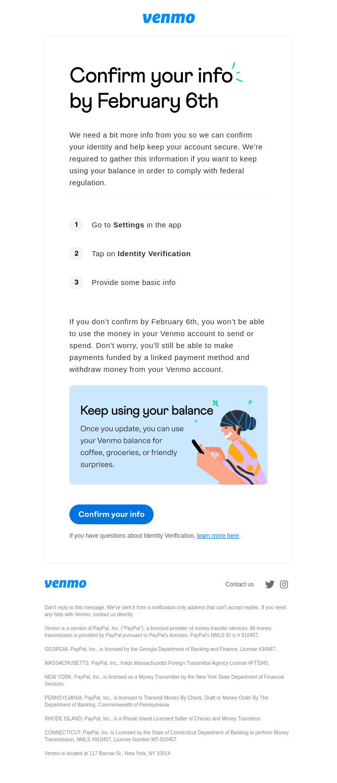 Action needed: confirm your info to keep using your Venmo balance.