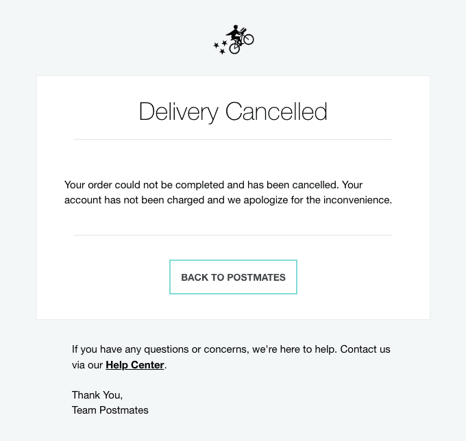 Your delivery from sweetgreen has been cancelled (4:31pm)