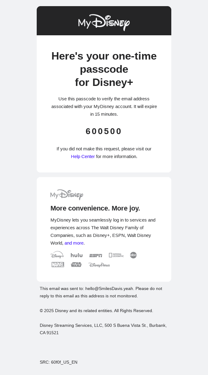 Your one-time passcode for Disney+